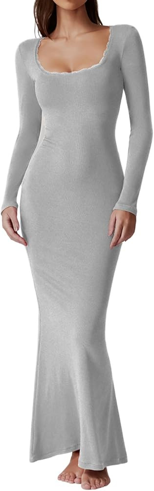 QINSEN Women's Ribbed Knit Long Sleeve Scoop Neck Maxi Dress with Lace Details Bodycon Dress | Amazon (US)
