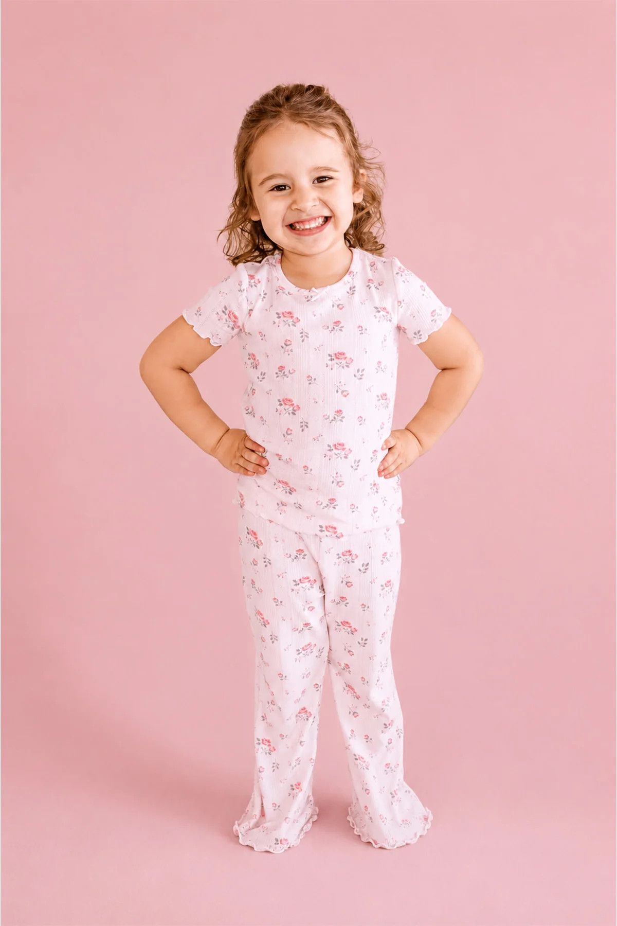 Girls' Two-Piece Pointelle Flare Lounge Set | Rose Garden Blush | Caden Lane
