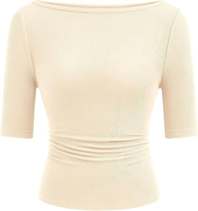 PRETTYGARDEN Womens Summer Short Sleeve Tops Boat Neck Ribbed Knit Slim Fit T Shirt Casual Basic ... | Amazon (US)