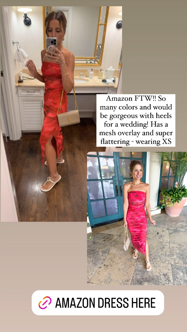 Amazon vacation dress. Resort wear - what I’m wearing in XS, color ‘red'. It’s a mesh overlay and SO flattering! Love the ruching in the torso! Wedding guest dress. Cocktail dress. Fall wedding guest. Party dress. Tory Burch jelly sandals. YSL bag. 

#LTKTravel #LTKWedding #LTKParties