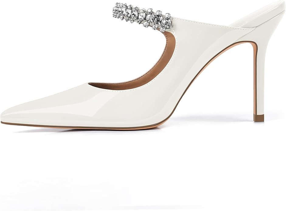 XINIUNIU Heeled Mules for Women Rhinestone Heels Pointed Toe Slip On 4 Inch Stiletto Closed Toe S... | Amazon (US)