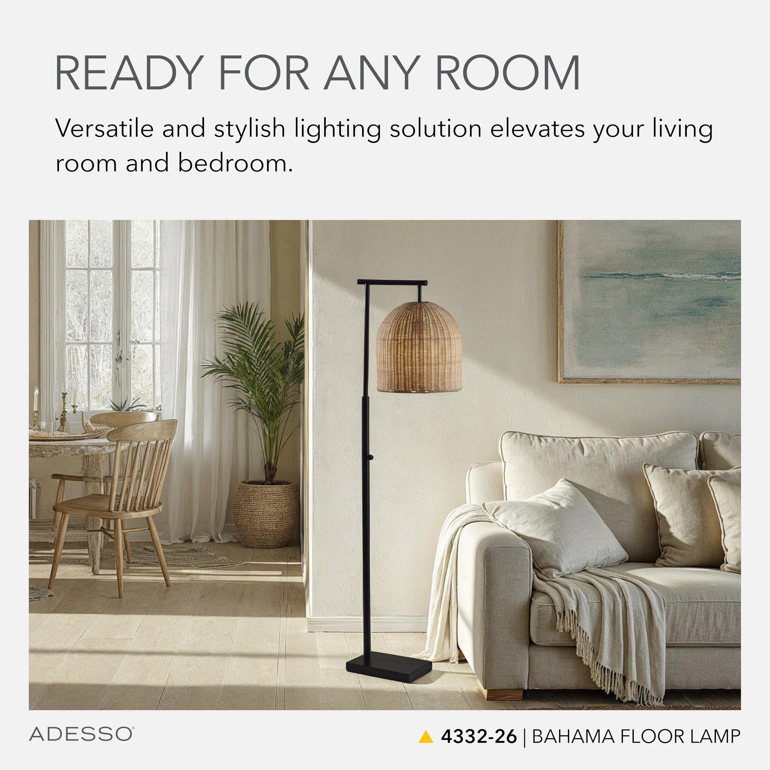 Adesso Floor Lamp with Dark Bronze Base and Rattan Lampshade \u2013 Modern Coastal Bedroom, Home ... | Amazon (US)
