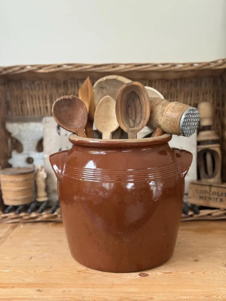 Vintage French Stoneware Crock | Brown Glazed Confit Pot With Handles | Mid-century Rustic Kitche... | Etsy (US)