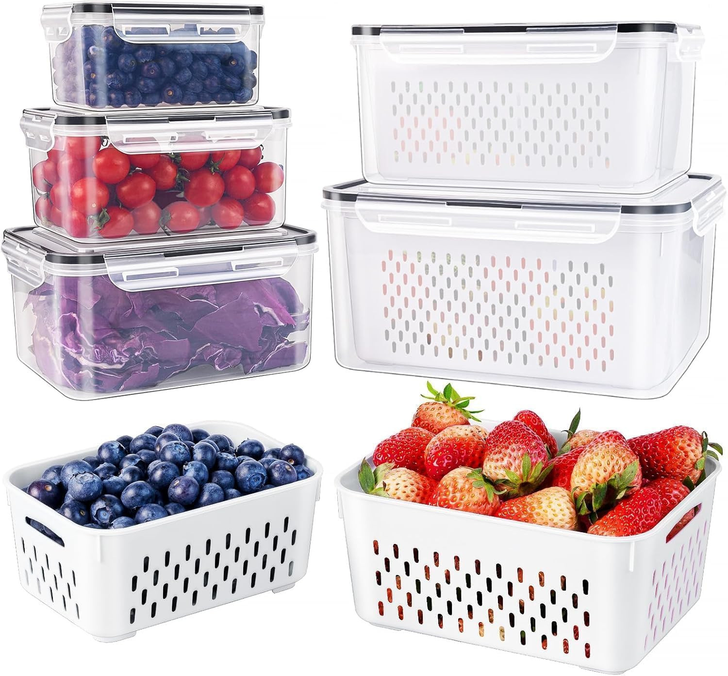 5 PCS Large Fruit Containers for Fridge - Leakproof Food Storage Containers with Removable Coland... | Amazon (US)