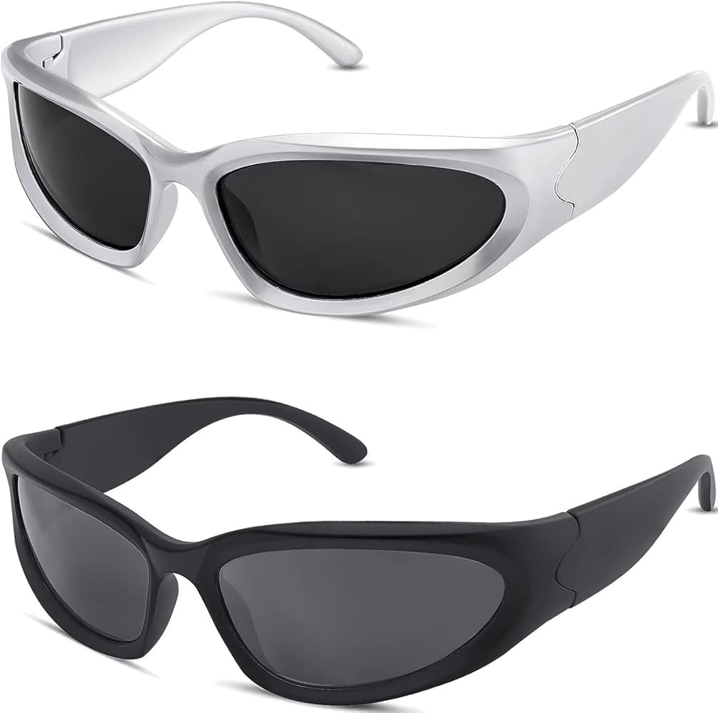 Y2K Wrap Around Sunglasses Trendy Silver Glasses Retro 90s Shades Women Futuristic | Amazon (US)