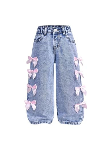WDIRARA Toddler Girl's Y2k Bow Jeans Elastic High Waisted Wide Leg Denim Pants Light Wash Blue 7Y | Amazon (US)