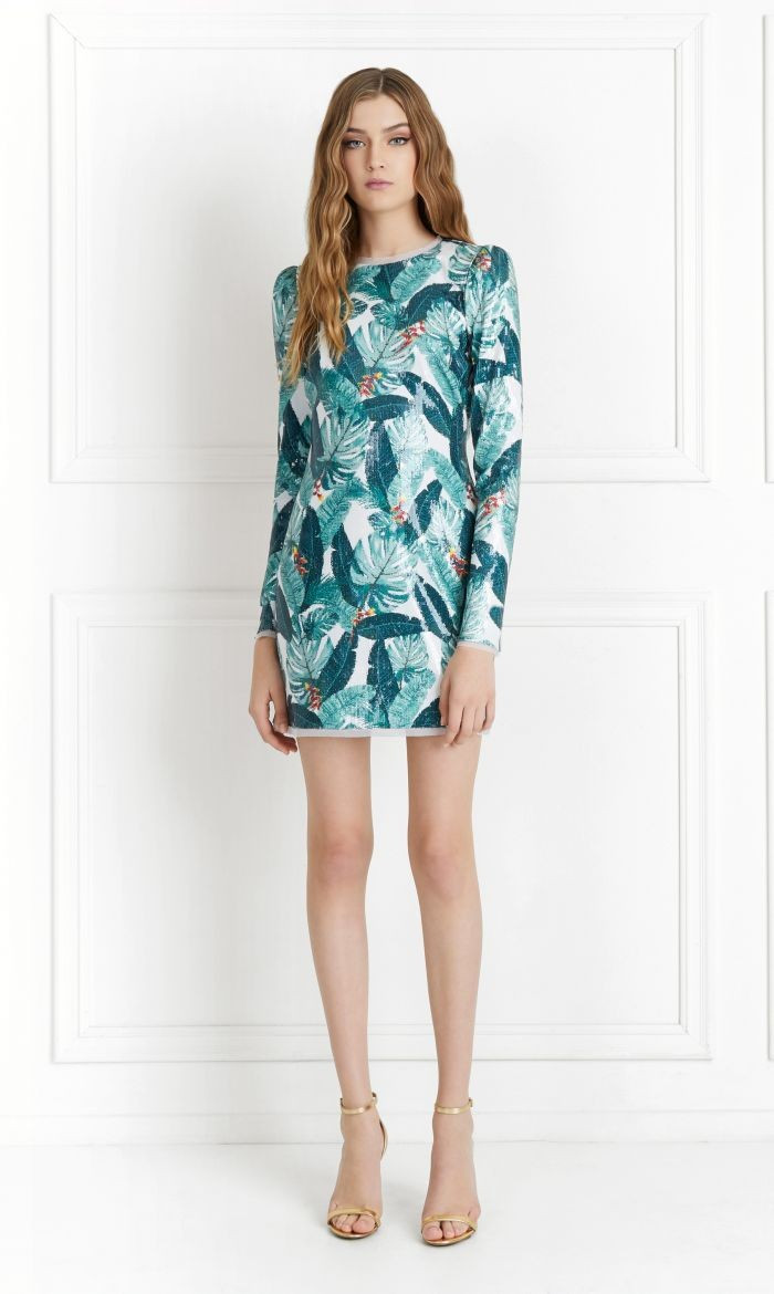 Amelia Palm Printed Sequin Mini Dress | Rachel Zoe