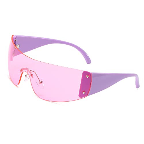 Azoxus Fashion 2000s Rimless Y2K Sunglasses Trendy Large Wrap Around Shield Pink Tinted Lens | Amazon (US)