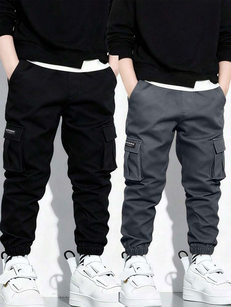 2pcs Young BoyFashionable Minimalist Multi-Pocket Cargo Pants, Versatile Sporty Design (Actual Size Runs Small, Suggest Ordering One Size Up Based On Image) | SHEIN