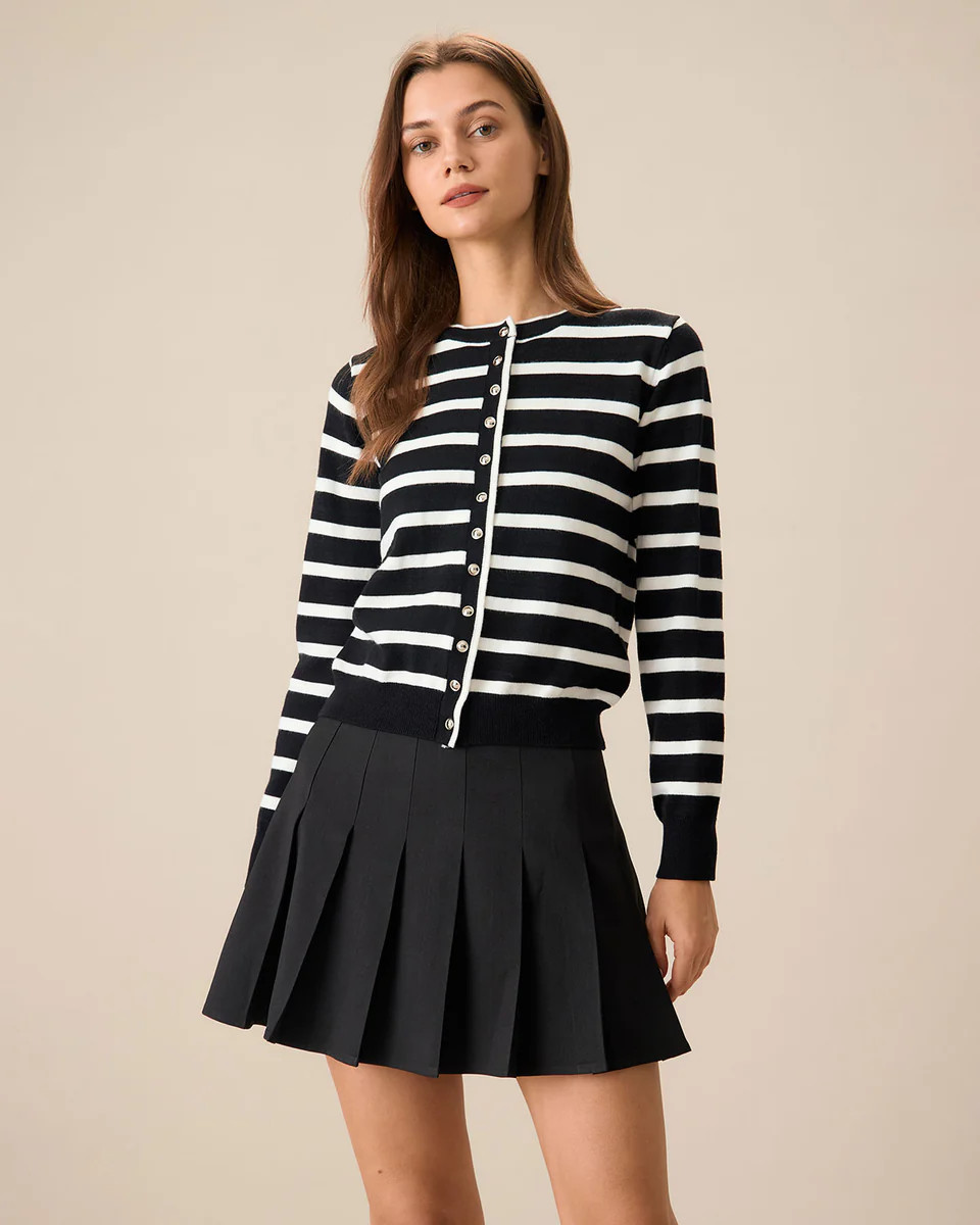 Women's Black Striped Single-Breasted Cardigan | rihoas.com
