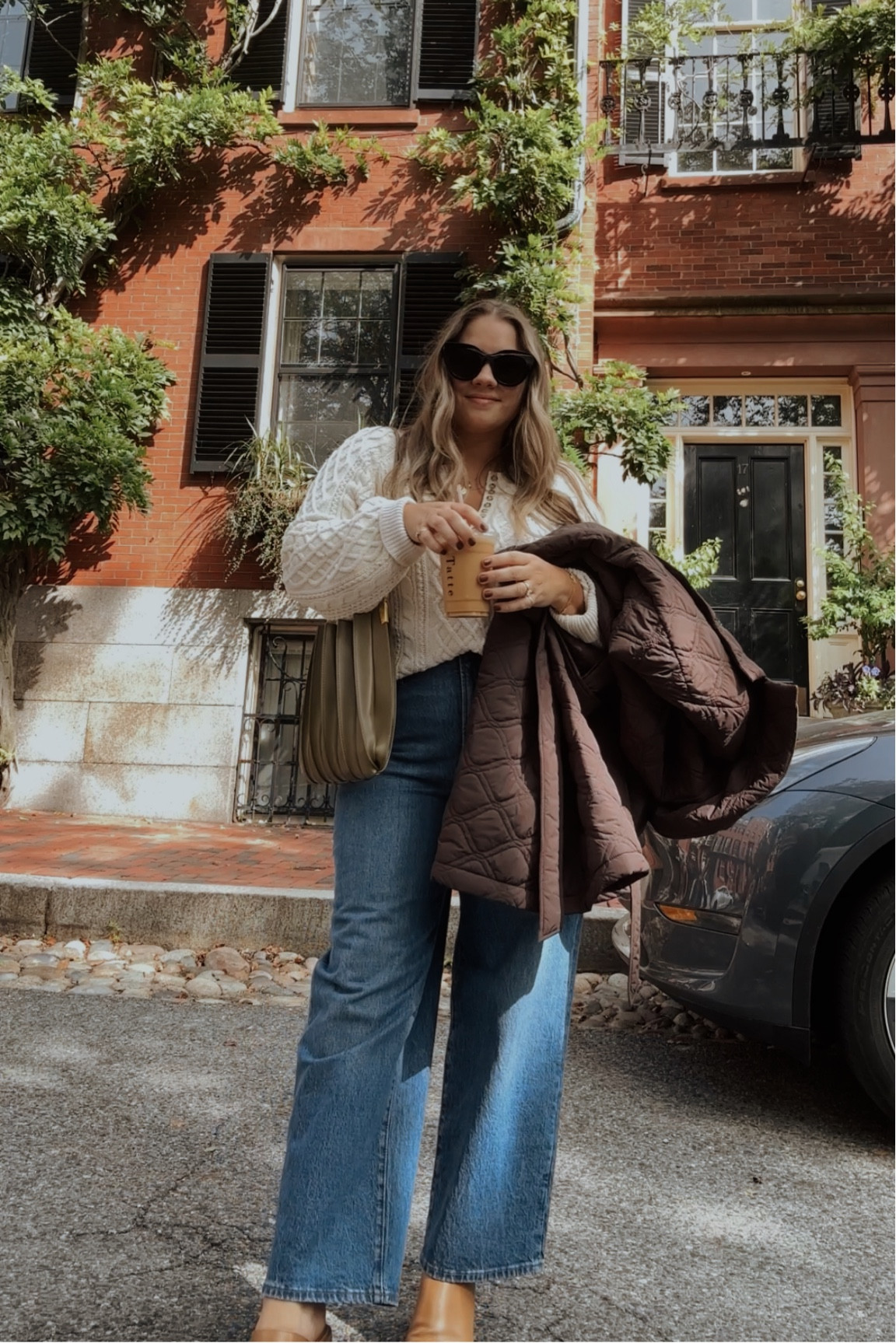 Bag & coat hazeltide.com

Jeans- i sized down 1
Sweater- consider size up for oversized fit / length 

Madewell
Wide leg jeans
Sezane sweater
Cotton sweater
Quilted coat
Fall purse handbag shoulder bag