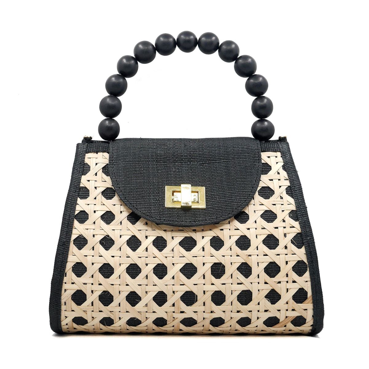 The Sienna Black & Cream Rattan Woven Handbag | Wolf & Badger (US)