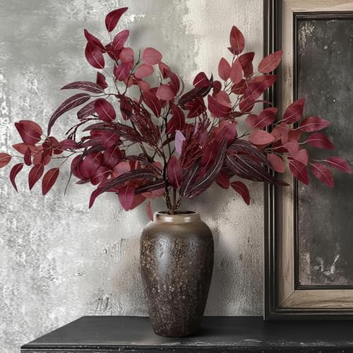 Juinte 6 Pcs 30" Burgundy Artificial Eucalyptus Stems Fall Fake Eucalyptus Stem with Leaves Berries Greenery Autumn Plants Faux Floral Branches for Flowers Arrangement Bouquet Centerpiece Wedding | Amazon (US)