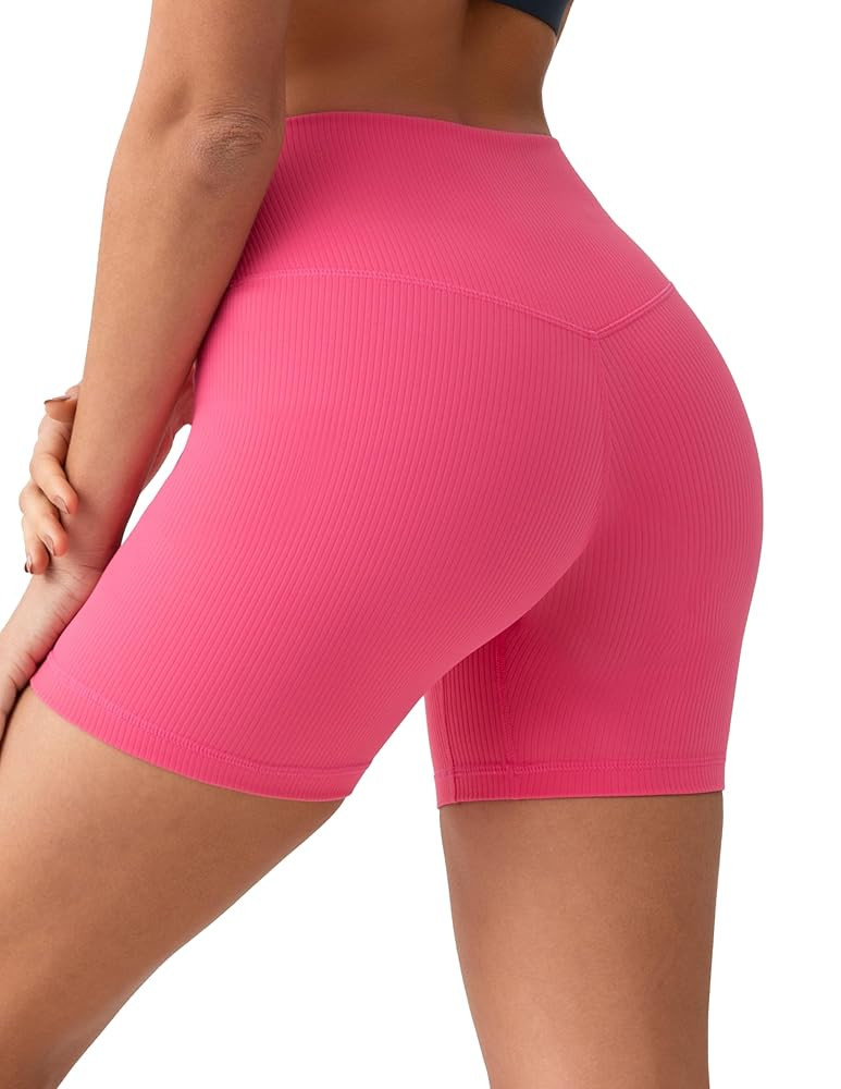 YUNOGA Womens RibFlex High Waisted Ribbed Biker Shorts 6/8 inches - Tummy Control Spandex Yoga Wo... | Amazon (US)