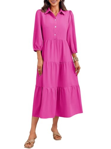 Wenrine Womens Casual 3/4 Sleeve Shirt Dress Button Down Flowy Maxi Dress | Amazon (US)