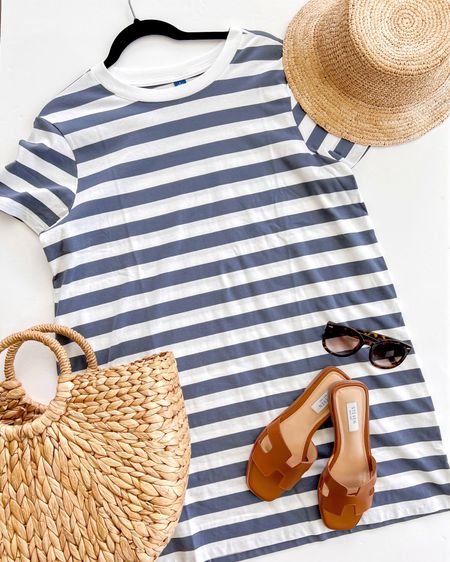Summer outfit! Old Navy striped dress size large petite on sale for under $20! Available in solid colors too. J. Crew straw bucket hat. Target style straw tote bag. Steve Madden sandals true to size. Amazon sunglasses.

Summer outfit, travel outfit, sandals, summer outfits, vacation outfit, vacation outfits, everyday outfits summer, casual everyday outfit, t-shirt dress, summer dress, casual dress, travel dress

#LTKFindsUnder50 #LTKSaleAlert #LTKTravel