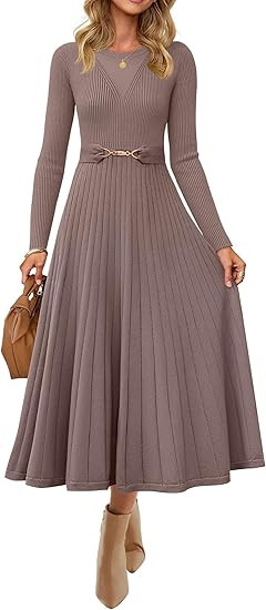 ZESICA Women's Long Sleeve Midi Sweater Dress 2026 Fall Crewneck Knit A Line Pleated Flowy Long D... | Amazon (US)
