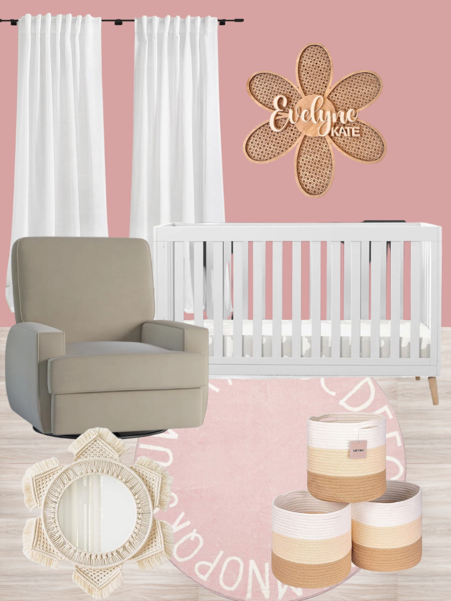 Girls nursery mood board 
baby girls room, pink nursery, nursery design ideas, wayfair crib, white crib, white glider, changing table, gold mirror, anthro dupes, looks for less, save vs splurge, anthropologie dupes, amazon mood board, amazon nursery furniture, amazon crib, nursery glider, girls nursery rug

#LTKBaby #LTKHome #LTKKids