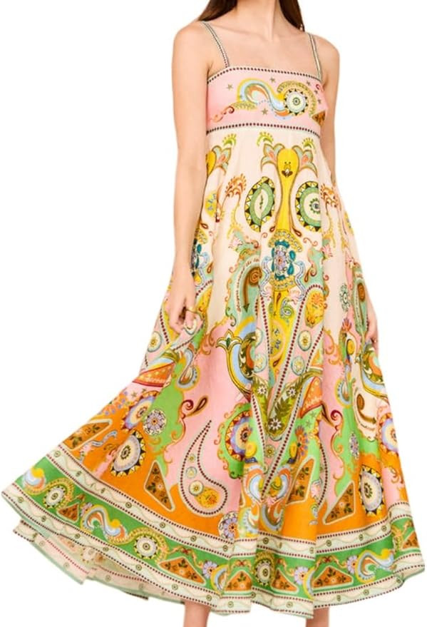 Women's Summer Sleeveless Floral Print Maxi Dress Square Neck Y2k Spaghetti Strap Dress Beach Sun... | Amazon (US)