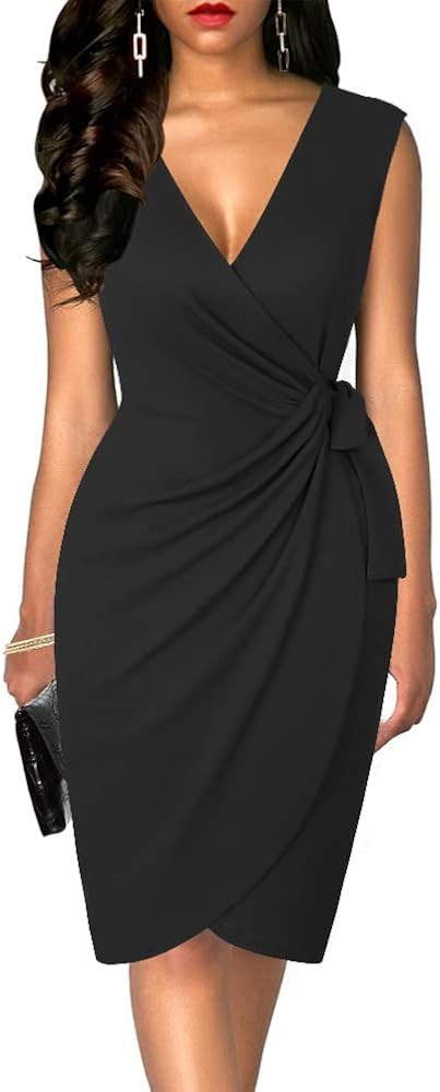 oten Womens Sleeveless Deep V Neck Sheath Knee Length Cocktail Party Work Faux Wrap Formal Dress | Amazon (US)