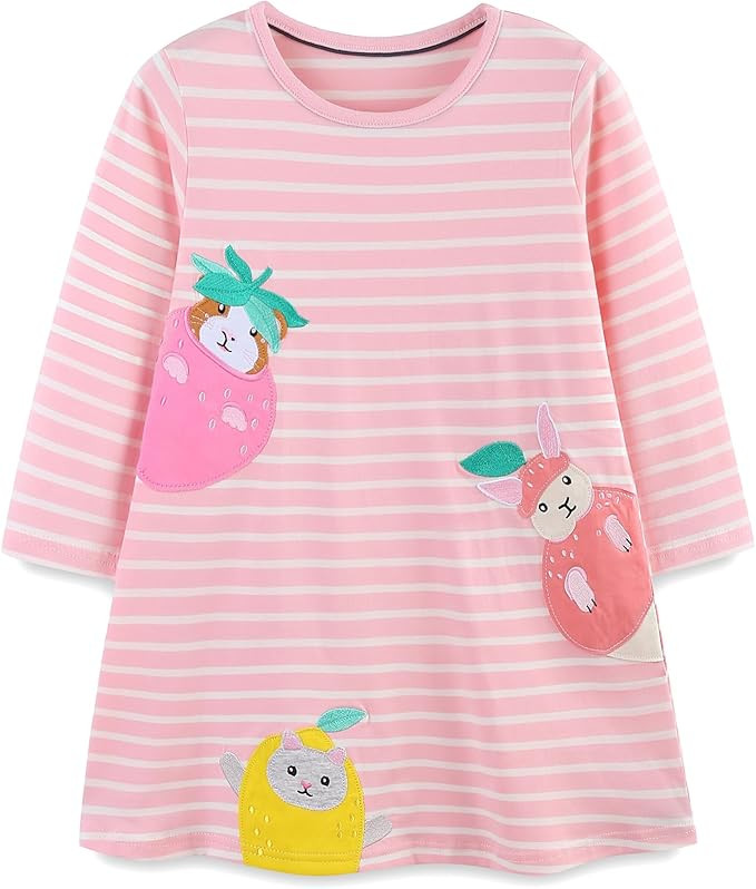 FreeLu Girls Cartoon Casual Dress Toddler Jersey Cotton Party Dresses Applique Embroidery Longsle... | Amazon (US)