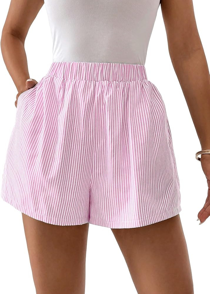 Floerns Women's Striped Print Elastic High Waist Wide Leg Casual Shorts | Amazon (US)