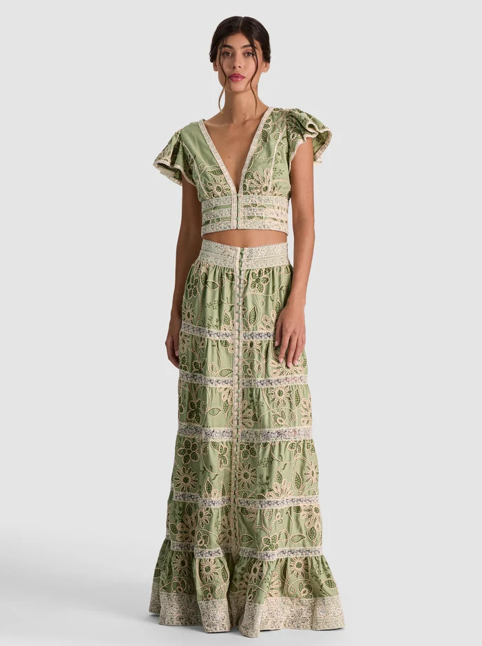 KEELEY EMBROIDERED FLUTTER SLEEVE TOP | Alice + Olivia