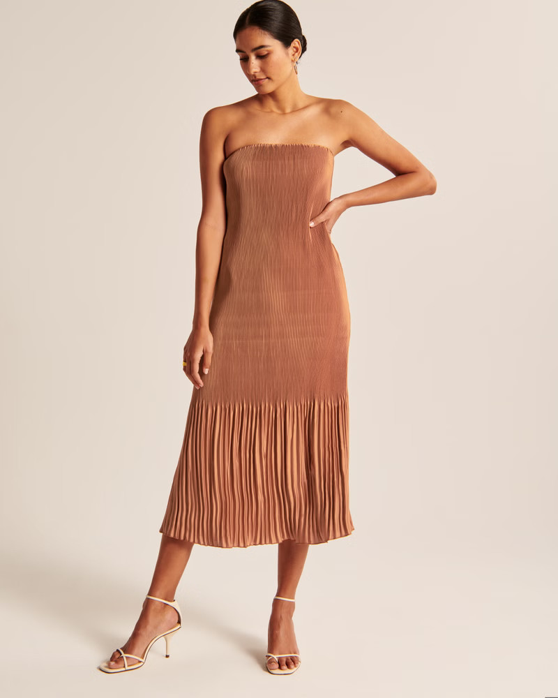 Strapless Pleat Release Midi Dress | Abercrombie & Fitch (US)