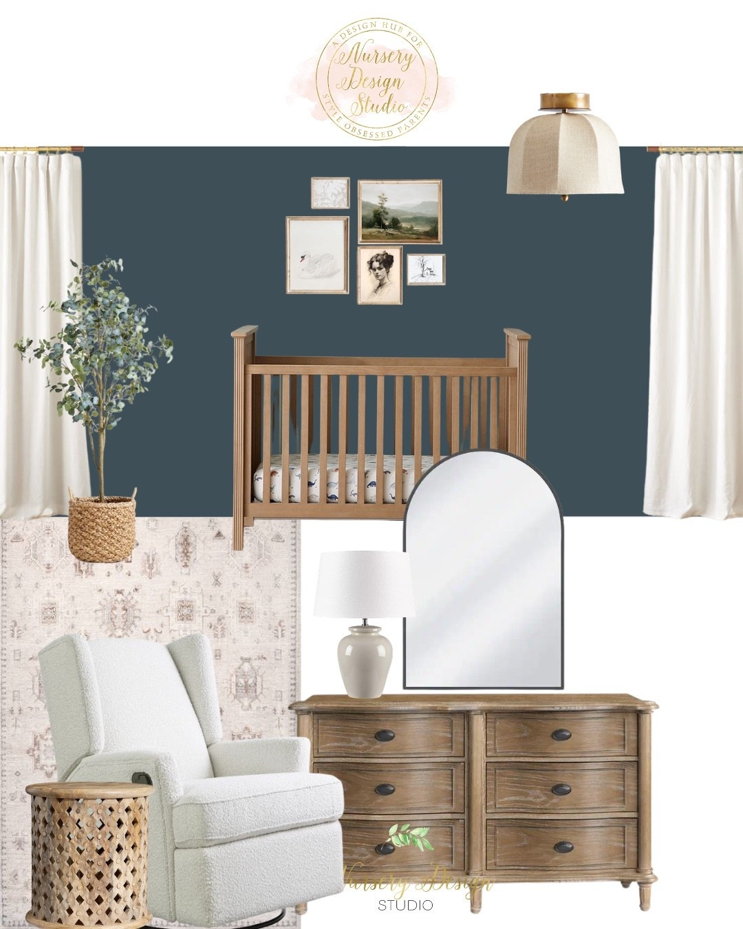 A rich slate-blue nursery layered with warm wood, creamy upholstery and timeless details—shop the crib, dresser, wingback glider, vintage-inspired rug, lighting and decor that bring Hadleigh’s collected look together.

#LTKmomlife #LTKKids #LTKBump