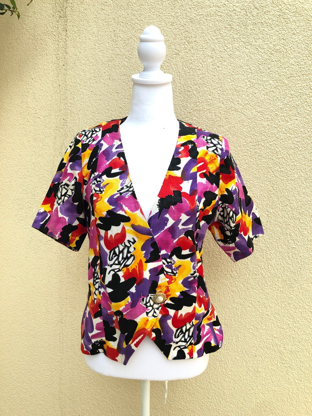 Rickie Freeman for Teri Jon Linen Abstract Pattern Short Sleeve Blouse Pink Purple Yellow White -... | Etsy (US)