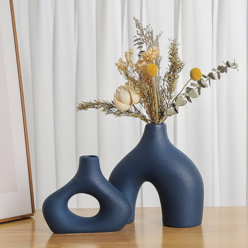 CEMABT Blue Ceramic Vase Set of 2 for Modern Minimalist Bohemian Decor，Round Matte Donut Vases ... | Amazon (US)