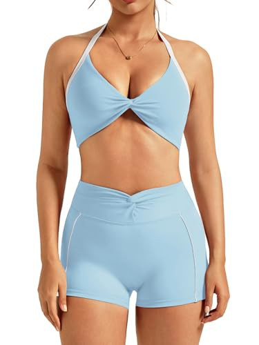 Women's 2 Piece Workout Set Halter Neck Sports Bra, High Waisted Tummy Control Shorts, Backless Yoga Gym Athletic Outfit Blue S | Amazon (US)