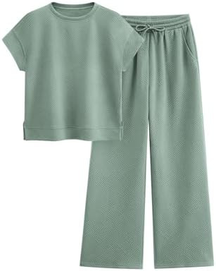 PRETTYGARDEN 2 Piece Sets For Women 2026 Summer Outfits Casual | Textured, Short Sleeve Tops, Wid... | Amazon (US)