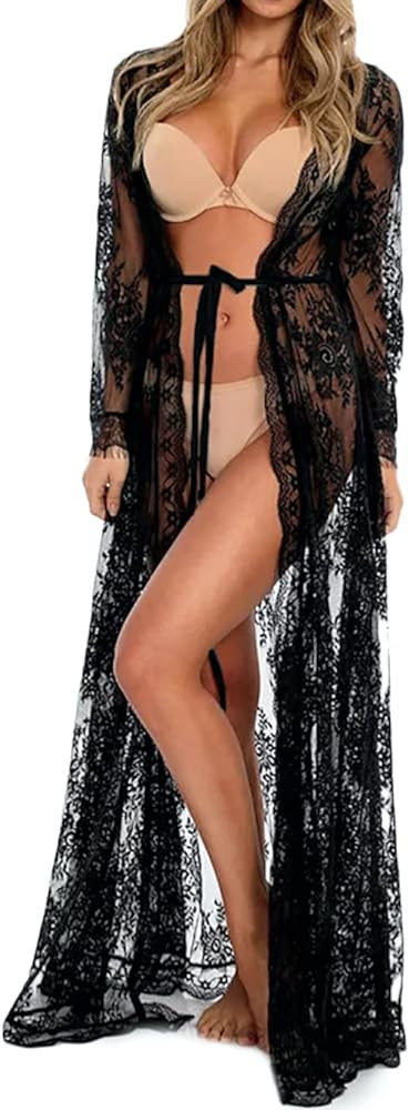 BUTTZO Women Sexy Long Lace Dress Sheer Gown See Through Lingerie Kimono Robe Swimsuit Cover Up | Amazon (US)