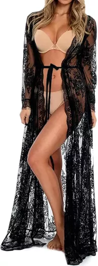Women Sexy Long Lace Dress Sheer Gown See Through Lingerie Kimono Robe  Swimsuit Cover Up