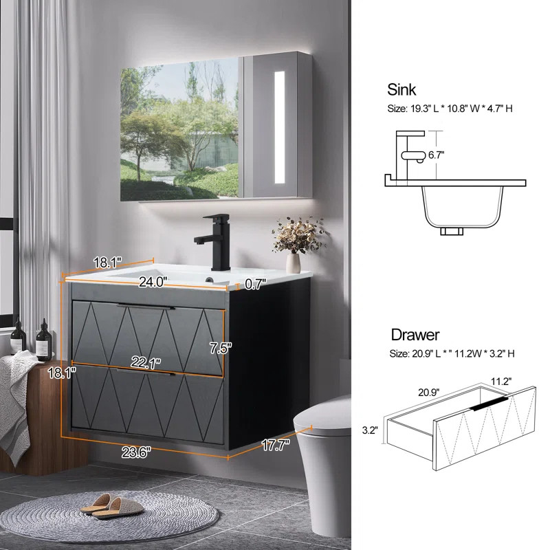 Bathilde 24" Wall Mounted Single Bathroom Vanity with Ceramic Sink Top, Faucet, Assembly Required | Wayfair North America