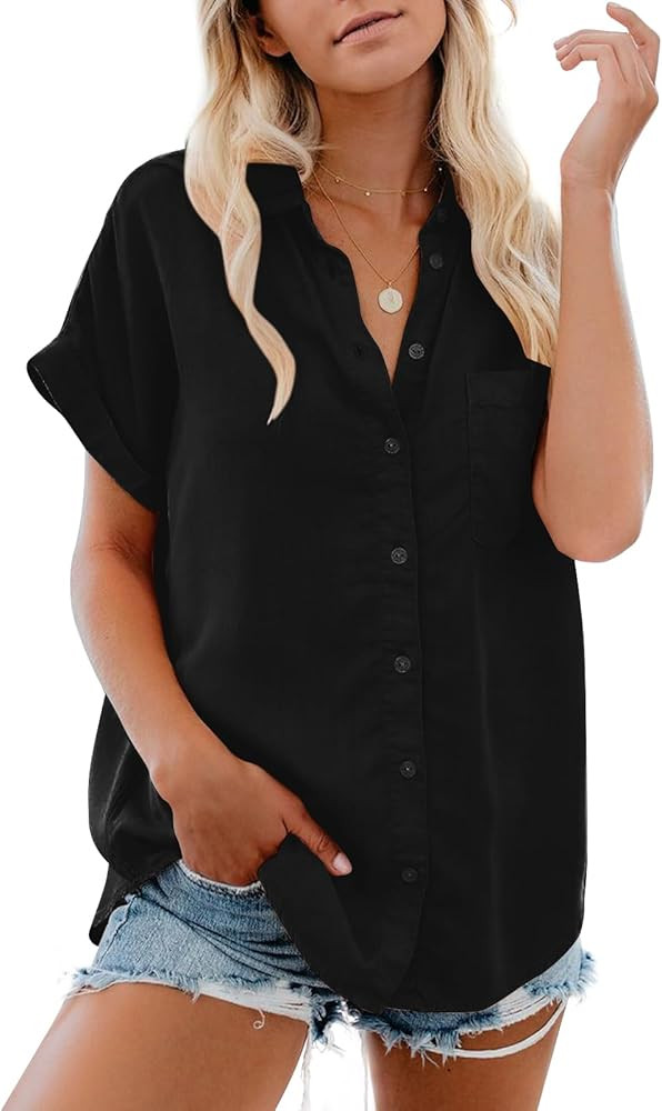 Womens Button Down Casual Shirts Cotton Short Sleeve Blouses Solid Summer Tops with Pocket | Amazon (US)