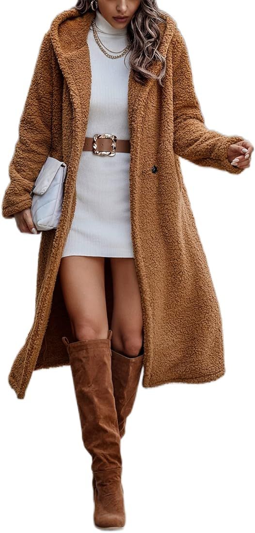 Comeon Women's Coat Casual Lapel Jacket Long Hooded Fleece Fuzzy Faux Shearling Button Pocket War... | Amazon (US)
