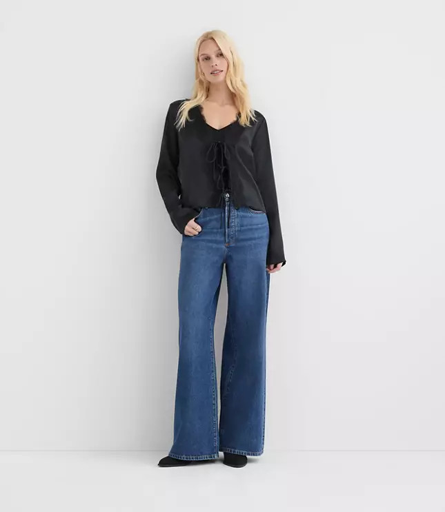 Rivete Petite High Rise Relaxed Wide Leg Jeans in Mid Wash | LOFT