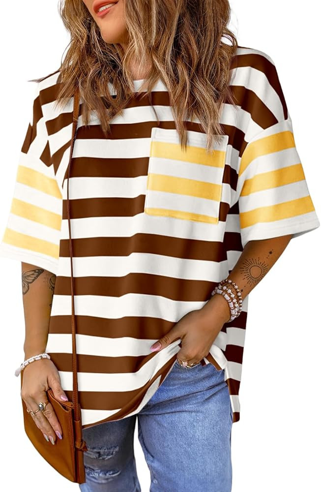 Oversized Striped Shirts for Women Summer Comfort Colors Tshirt Short Sleeve Color Block Loose Fi... | Amazon (US)