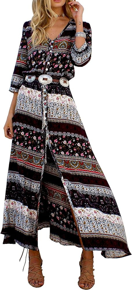 R.Vivimos Women's Summer Boho Button Up V Neck Floral Print Roll Up Causal Split Beach Midi Dress... | Amazon (US)