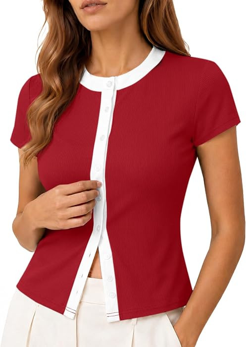 Avanova Women Color Block Ribbed Shirt Button Down Short Sleeve Top | Amazon (US)
