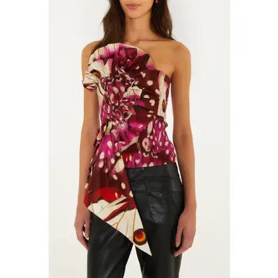 FARM Rio Borbofly Smocked Strapless Ruffle Top in Borbofly Red at Nordstrom, Size Small | Nordstrom
