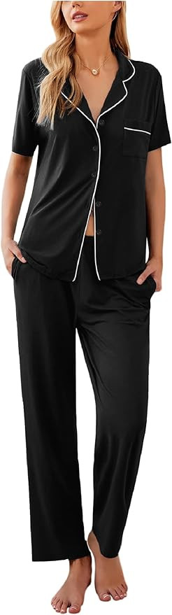Ekouaer Women Pajamas Set Button Down Sleepwear Short Sleeve Nightwear with Long Pants Soft Pjs S... | Amazon (US)