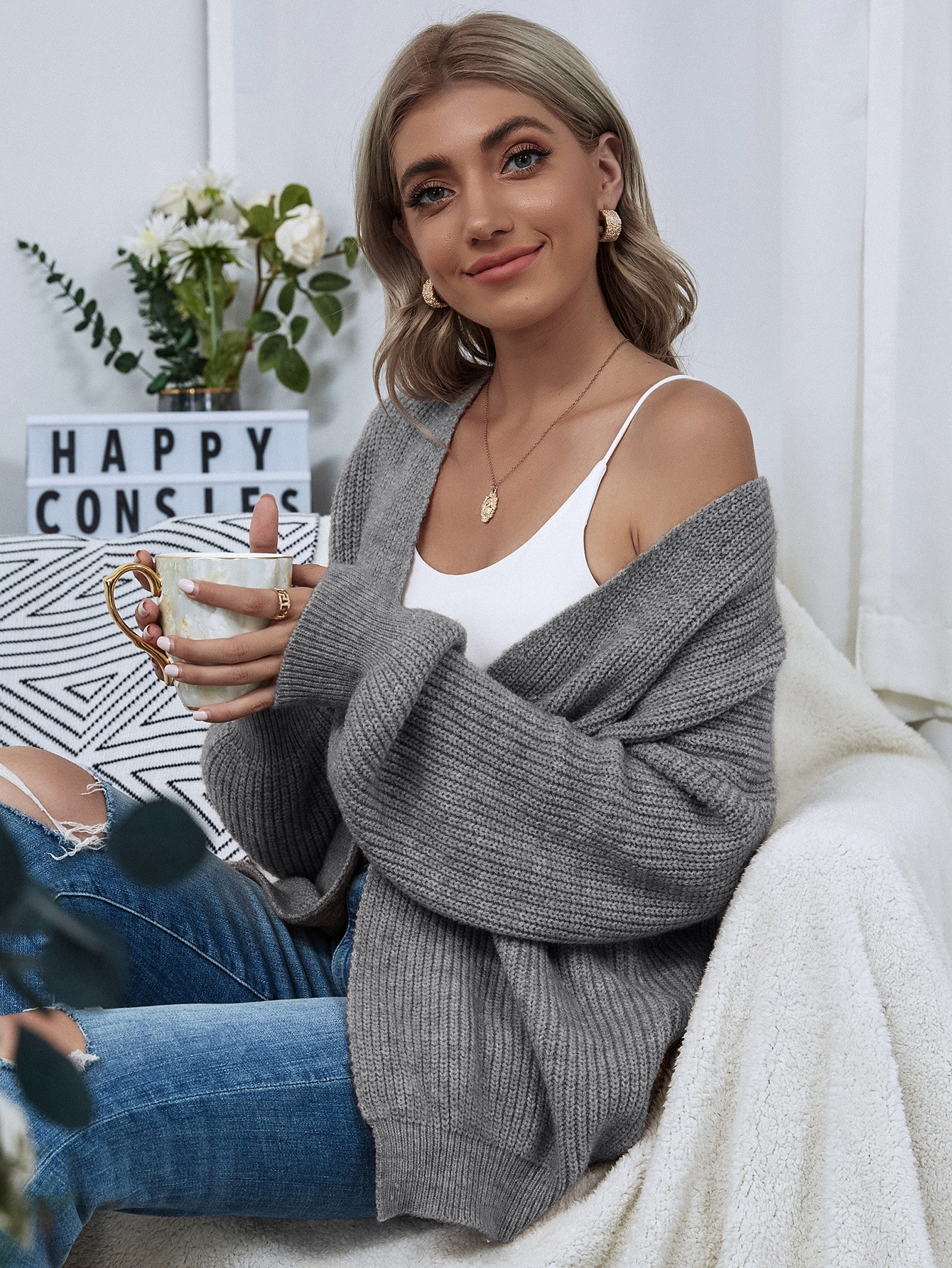 SHEIN Frenchy Open Front Drop Shoulder Solid Cardigan | SHEIN