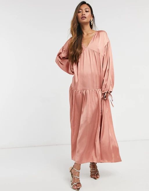 ASOS DESIGN satin tiered trapeze midi smock dress in dusky pink | ASOS (Global)