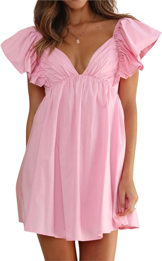 Women's Butterfly Flounce Sleeve Bow Tie Back Mini Babydoll Dress | Amazon (US)