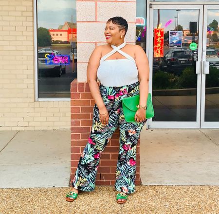 White halter top, criss cross halter top, green tropical pants, green clutch, green chain sandals, sandals, Ettika jewelry, gold hoops, Amazon finds, Amazon fashion, plus size fashion, summer outfit

#LTKSeasonal #LTKFind #LTKunder50