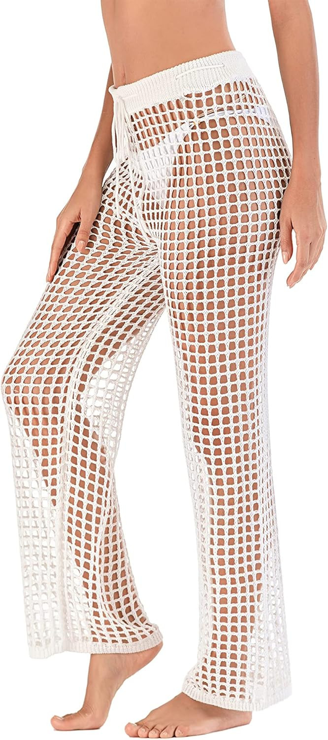ZAFUL Women's Cover Up Pants Crochet Hollow Out Beach Pants Drawstring Elastic High Waist Straigh... | Amazon (US)