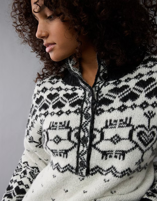 AE Oversized Quarter Snap Mock Neck Fairisle Sweater | American Eagle Outfitters (US & CA)